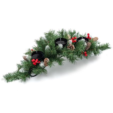 portacandele natalizio in legno di pino smerigliato con bacche rosse e pigne decorate