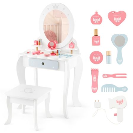Set di tavolo trucco e sgabello per bambine con specchio rimovibile cassetto, Toeletta trucco bambina 2 in 1 Bianco
