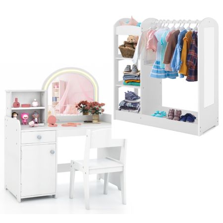 Set tavolo da trucco per bambini e piccolo armadio per bambini, Toeletta da trucco in legno e armadio di stoccaggio per stanza