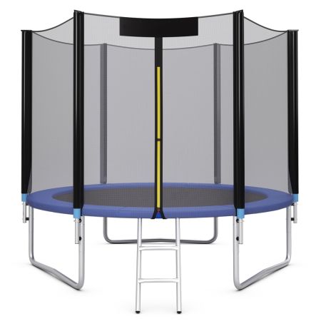 Trampolino con rete di sicurezza, Trampolino rotondo colorato 224 cm con cuscinetto molle e scala, Nero e blu