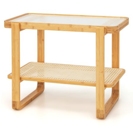 tavolino in bambù con ripiano in rattan