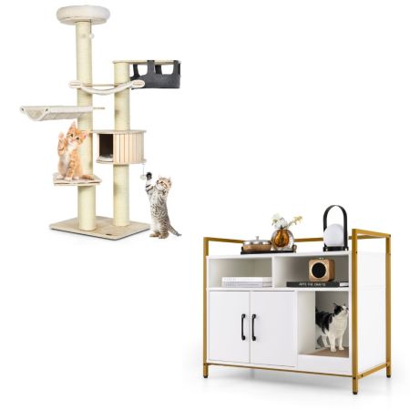 Albero gatti 197cm legno amache e toilette gatti cartone graffi, Albero per gatti e toilette nascosta gatti doppie porte