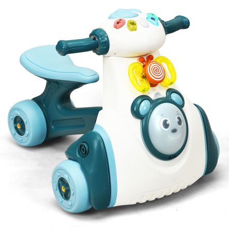 Moto cavalcabile con 4 ruote luci e funzioni sensoriali, Giocattolo musicale cavalcabile e centro attività per bambini, Blu