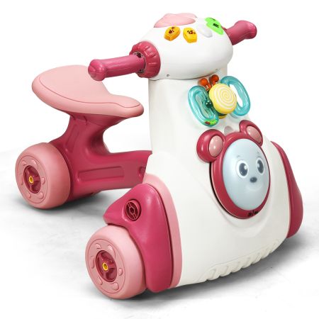 Moto cavalcabile con 4 ruote luci e funzioni sensoriali, Giocattolo musicale cavalcabile e centro attività per bambini, Rosa
