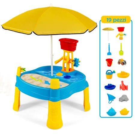 tavolo sabbia e acqua per bambini con ombrellone