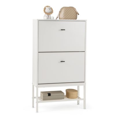 Armadietto Per Scarpe Sottile Con 2 Cassetti Ribaltabili – Organizer Da Ingresso In Rovere Bianco, 79x114x23.8 Cm