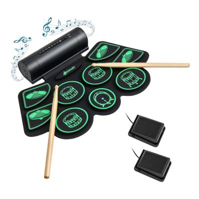 Batteria elettronica drum con altoparlante integrato bacchette in legno  pedali, Roll up tamburo per bambini Verde - Costway
