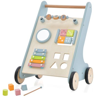 LIFEZEAL Girello Neonato in legno, Primi Passi per Bambini con Giocattoli Montessori, Carrello Primi Passi con Ruote, Gioco per Camminare, Carrellino con Banco da Lavoro per Bimbi da 3 Mesi (A