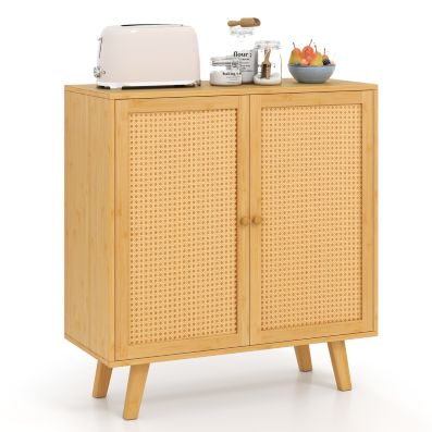 Credenza In Bambù E Rattan Naturale - 2 Ante Con Ripiano Regolabile - 70,1x30x78 Cm - Marrone Castagna - Per Cucina, Soggiorno E Ingresso