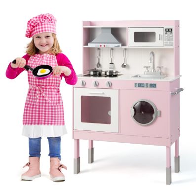GYMAX Cucina Giocattolo ad Angolo in Legno, Cucina Angolare per Bambini con Fabbricatore di Ghiaccio, Microonde, Fornello, Forno, Cucina con Luci e Suoni per Bambini 3-10 anni (Stile 3