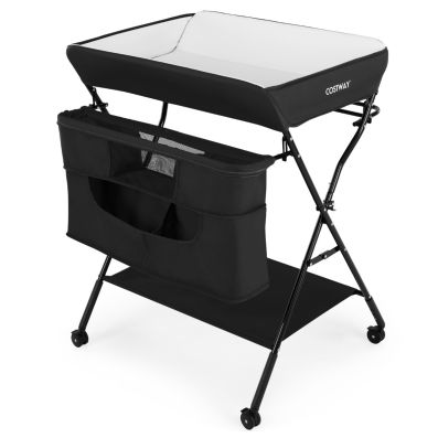 Willonin Tavolo per pannolini pieghevole, tavolo per pannolini portatile con cestino portaoggetti laterale, cintura di sicurezza e 4 ruote con freno, altezza regolabile, 74 x 63 x 92-98 cm (blu scuro