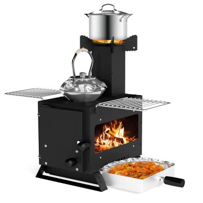 Forno a tenda, stufa a legna portatile da campeggio con finestra di osservazione e tubi per camino indipendenti, fornello da campeggio pieghevole per 3-5 persone per attività all'aperto
