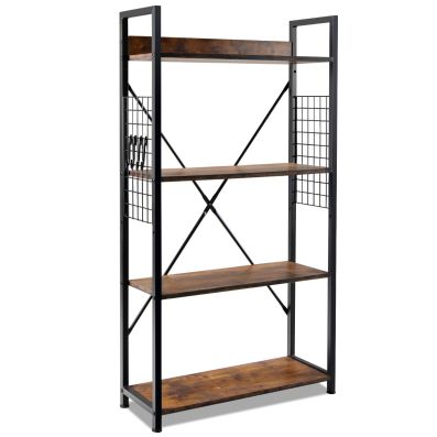 Libreria Angolare Industriale A 4 Ripiani – Scaffale A L In Legno E Metallo, Vintage, Con Ganci, Per Soggiorno