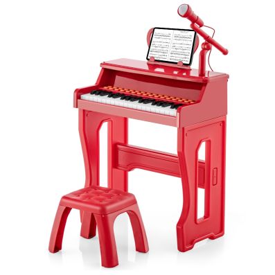 GYMAX Pianoforte Elettronico Giocattolo con Sgabello e Microfono, Tastiera da Pianoforte a 31 Tasti per Bambini, 22 Demo, 3+ anni, 45 x 23 x 45 cm (ROSA