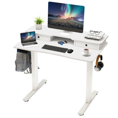 JOISCOPE Scrivania, Scrivania per Computer, Tavolo da Lavoro, Scrivania da Gioco con Gancio per Cuffie, 2 Ripiani, 120 x 60 cm, Tavolo Bianco