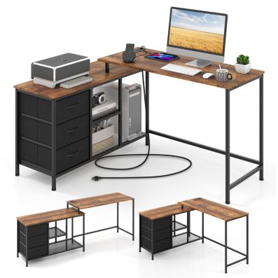 Scrivania A L Korfile 150 Cm Con Prese USB E Cassetti In Tessuto – Reversibile, Per Ufficio, Gaming E Casa, Marrone Rustico