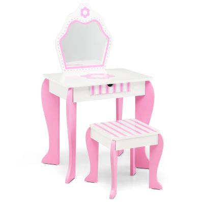 AIYAPLAY Tavolino da toilette per bambini con sgabello e specchio a LED, tavolino da toilette per bambina in legno con cassetti in tessuto, ripiani aperti e ganci per gioielli, tavolino da trucco
