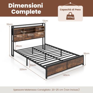 Letto Per Adulti 140x200 Cm Con Prese Di Ricarica E LED - Struttura In Metallo Rivestimento In Velluto Grigio