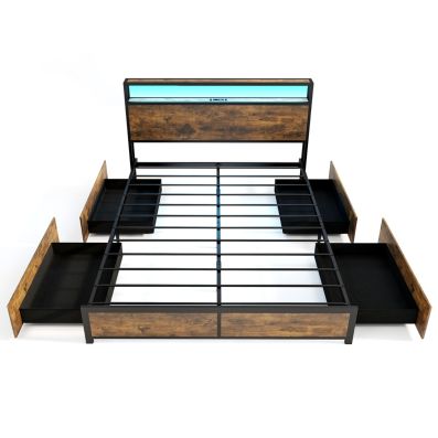 Struttura Letto King Size In Metallo Con Luci LED RGB, Testiera Imbottita Con Portaoggetti E Ricarica USB (2AC+2USB+Type-C), 12 Doghe, Antirumore