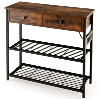 Set Di 2 Comodini Rustico Stazione Ricarica Tavolino Stretto Mensola Aperta 2 Cassetti Comodino Camera Letto Soggiorno Dormitorio Bianco