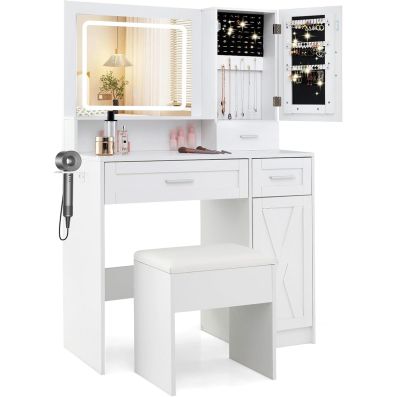 Set Scrivania Trucco Con Specchio Luci LED E Sgabello - Tavolo Toeletta Compatto Con Cassetti, Bianco