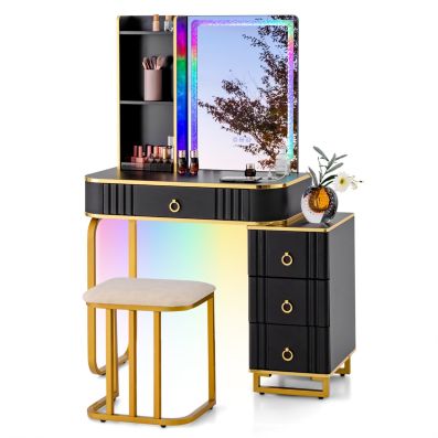 Scrivania da toeletta con specchio e luce, mobiletto regolabile per trucco, sgabello per trucco con cassetti foderati, angoli arrotondati, piccolo spazio o camera da letto, set da tavolo per il trucco