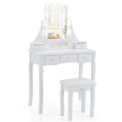 Tavolo Trucco Bianco Con Luci LED E Specchio Illuminato - Scrivania Con Presa Di Corrente E Sedia Imbottita - Toeletta Per Camera Da Letto Ragazze