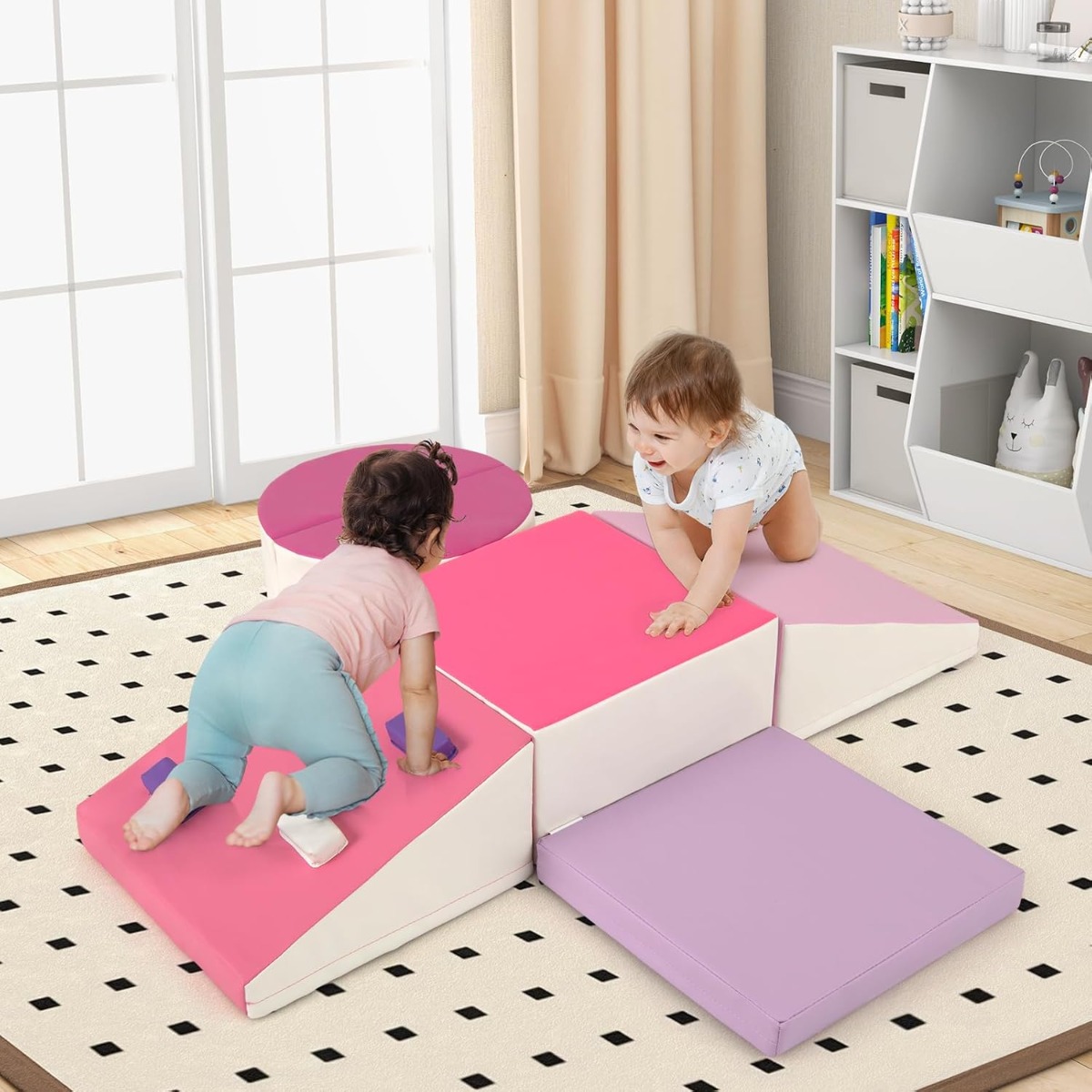 Costway Set di blocchi da arrampicata in schiuma da 6 pezzi, Set di arrampicata morbido leggero per interni con chiusure a velcro Rosa