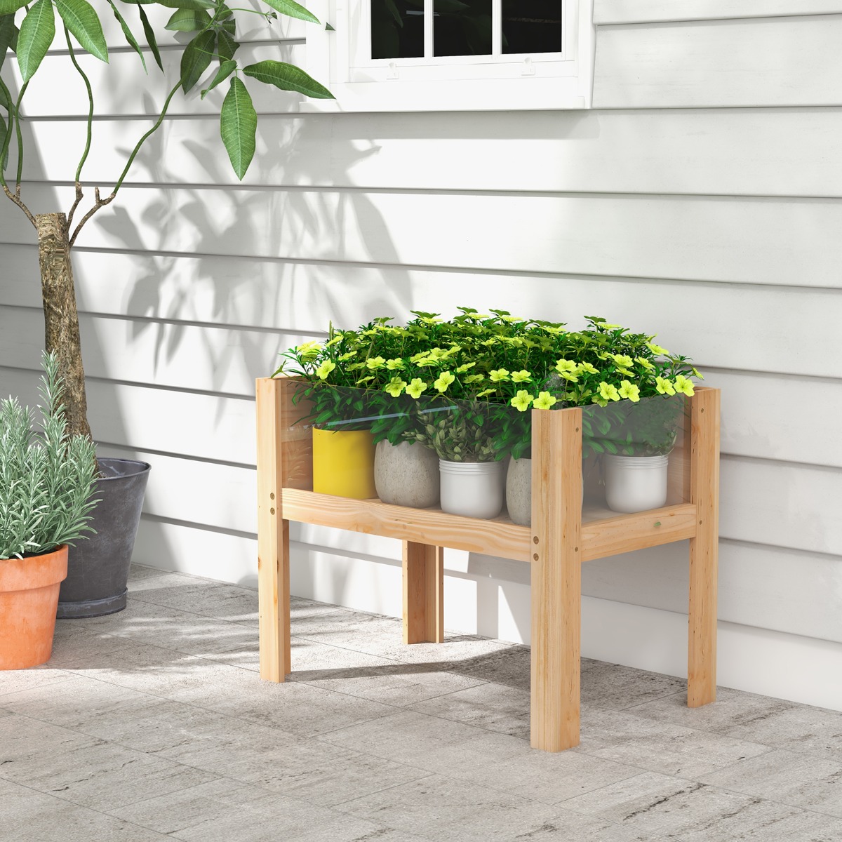 Costway Fioriera rialzata da giardino in legno con gambe fori di drenaggio e pannelli in acrilico, Fioriera da esterno Naturale 100x59x77cm