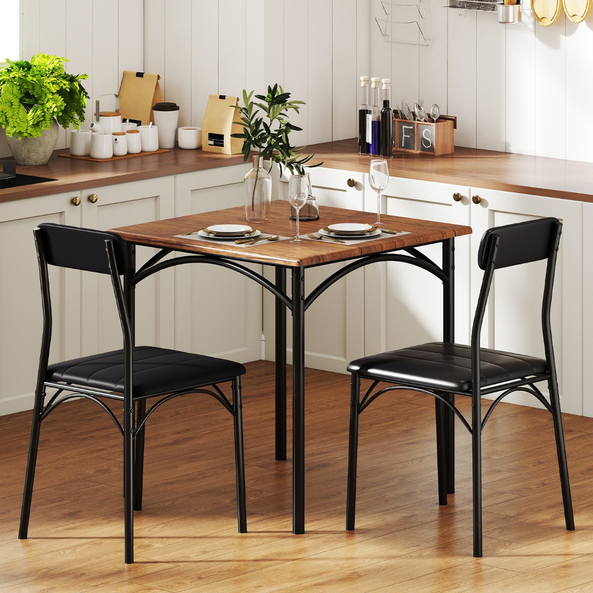 Costway Tavolo da cucina quadrato & 2 sedie con sedili imbottiti, Tavolo da pranzo con 2 sedie per cucina