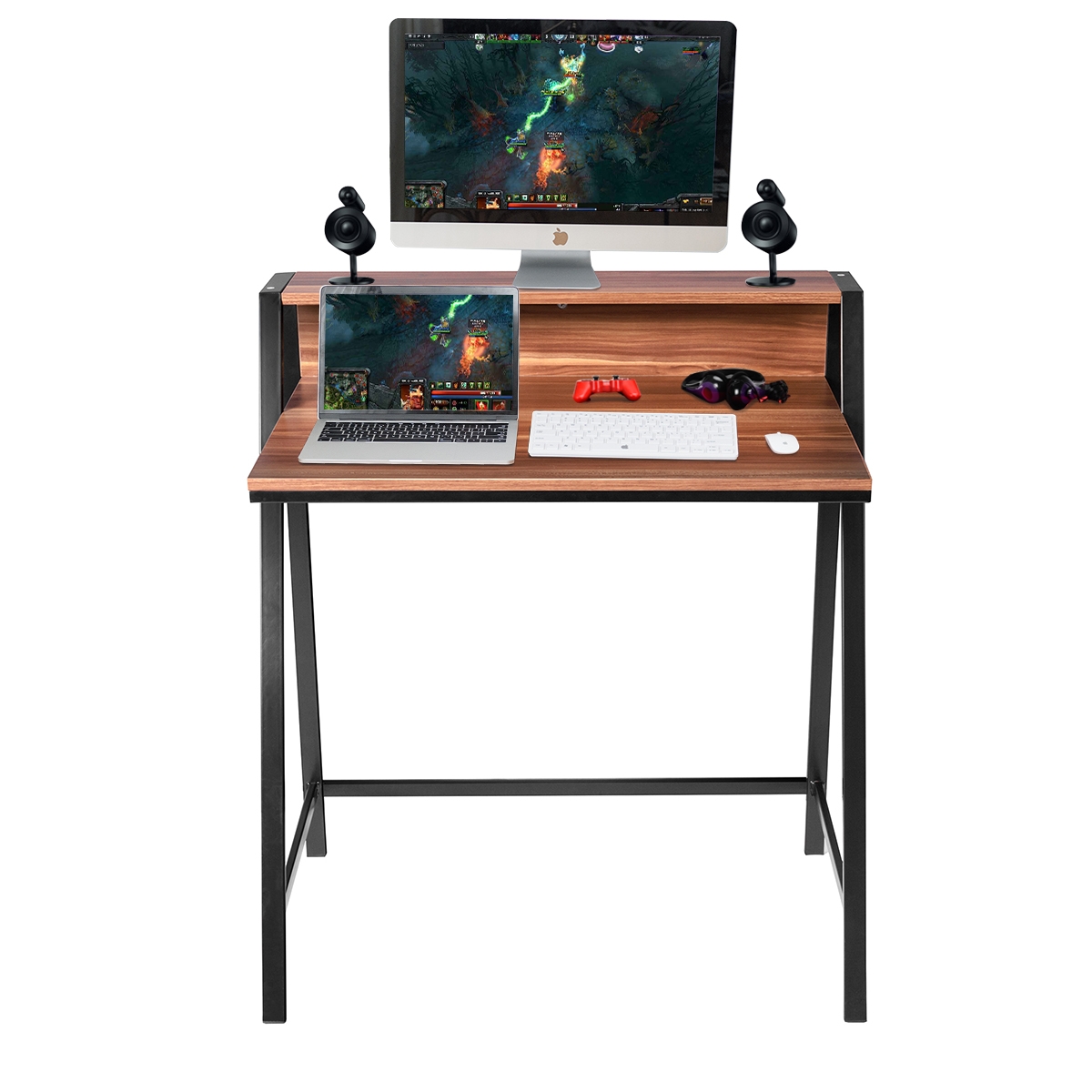 Scrivania per computer a 2 livelli per piccoli spazi, Tavolo di lavoro per videogiochi da ufficio e studio 80x50x90cm