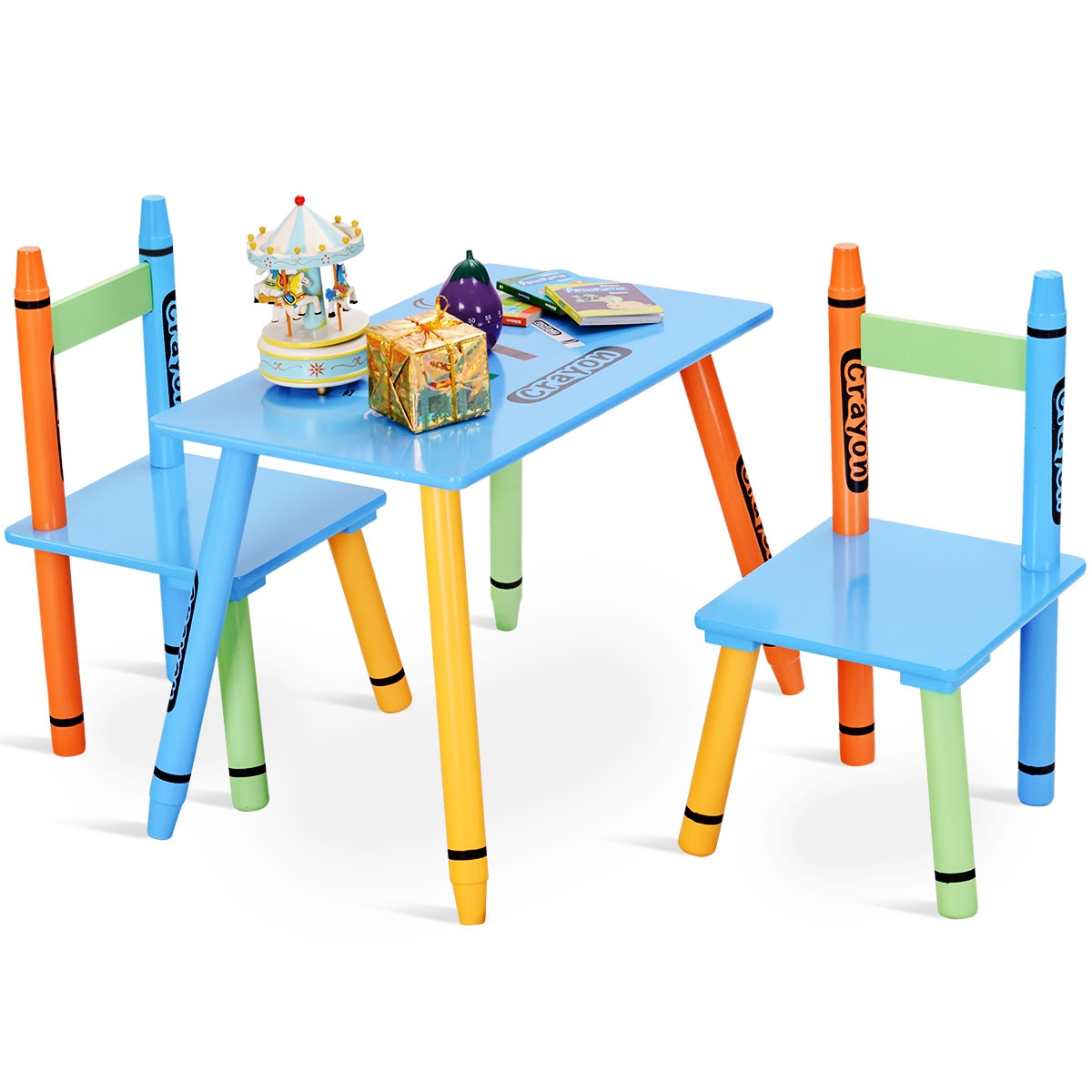 Costway Set di 3 pz tavolo e sedia per bambini da gioco Tavolo 2 sedie in legno 55x34x42cm