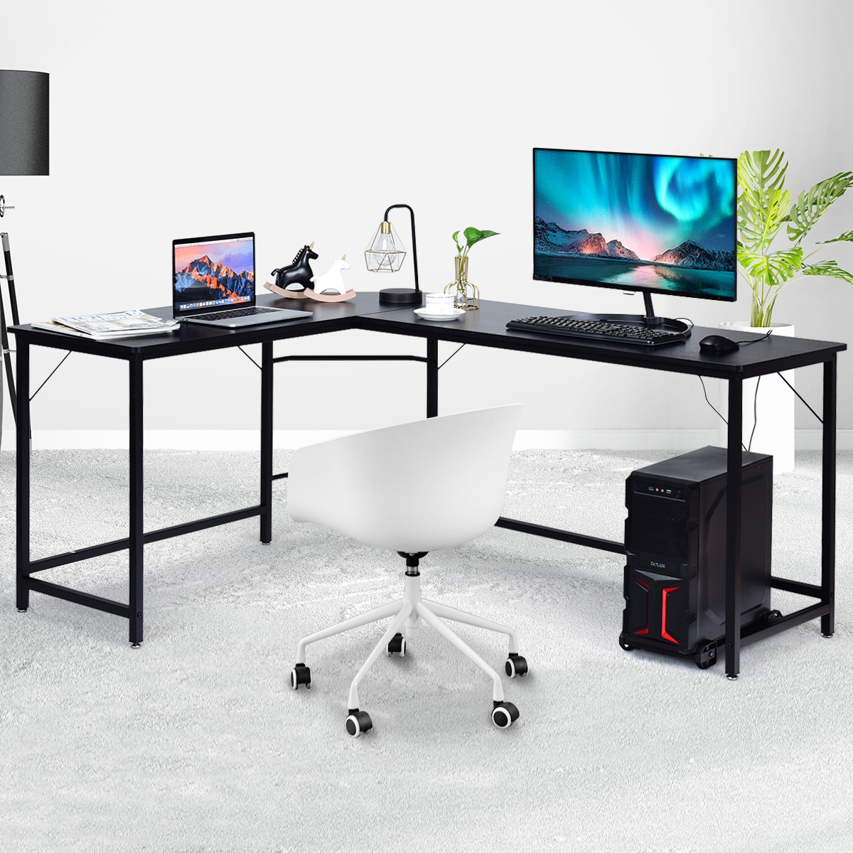 Costway Scrivania ad angolo a forma L per ufficio, Tavolo ampio per computer in legno da casa 168x125x74cm Nero