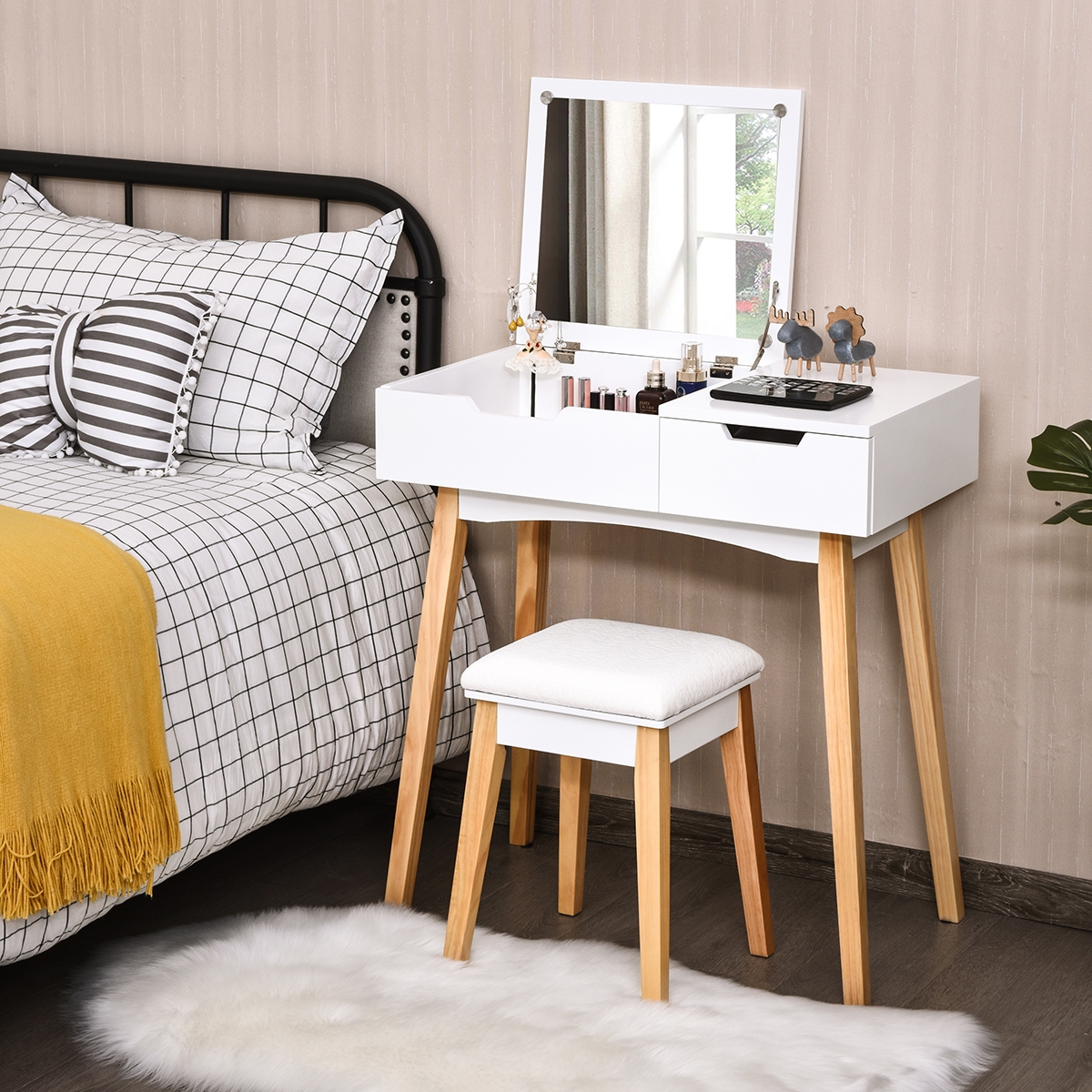 Costway Toeletta con specchio ermetico, Toeletta di legno con sgabello e cassetto, Bianco
