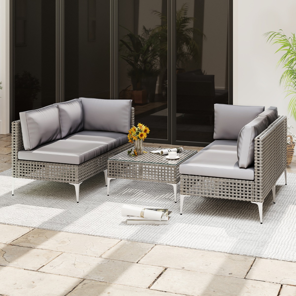 Costway Sedie da giardino in rattan con tavolino da caffè in vetro temperato per cortile, Divano modulare in vimini con cuscini Grigio misto