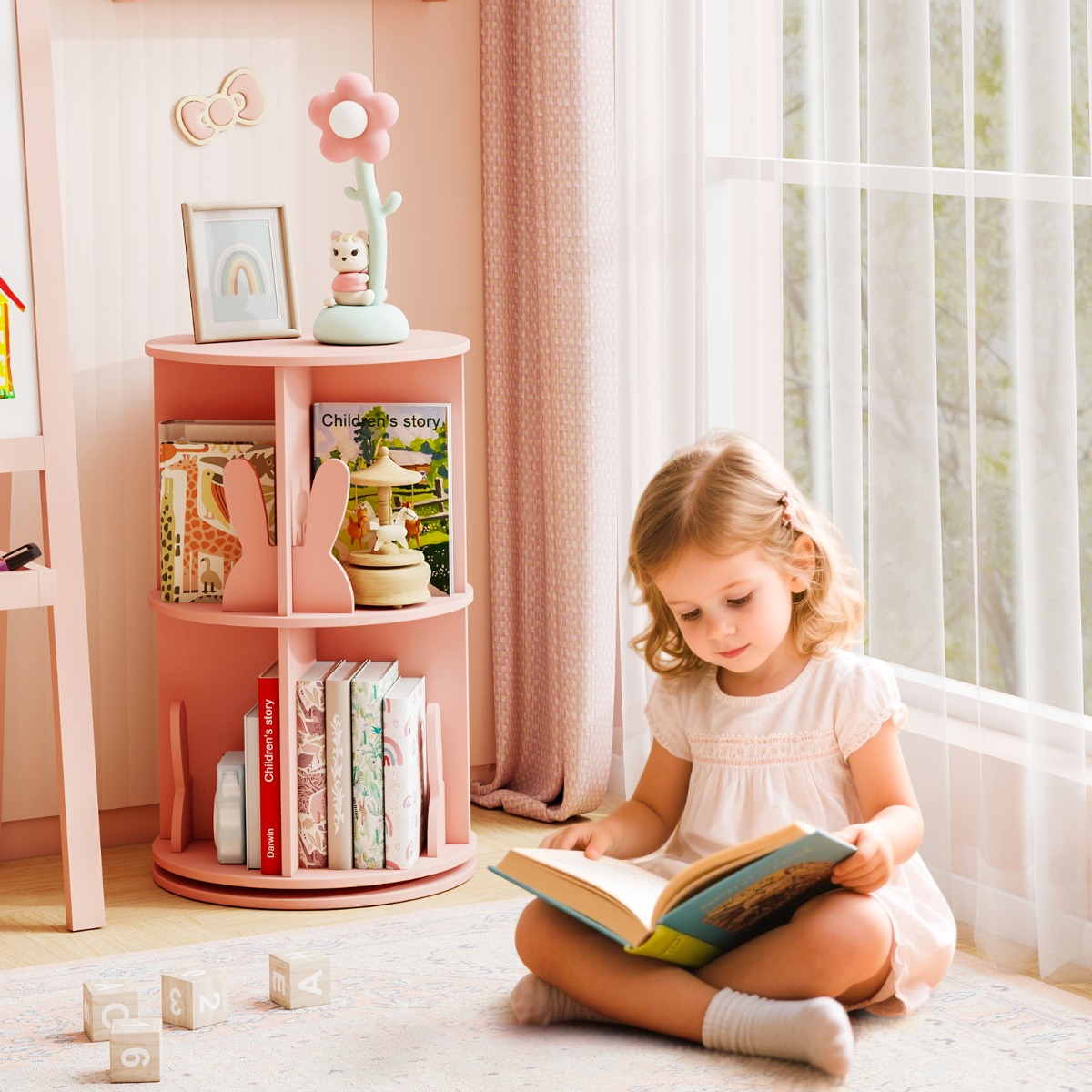Costway Libreria 360° rotante bambini e set tavolo sedie bambini rosa, Libreria rotante 2 ripiani e set tavolo sedie legno