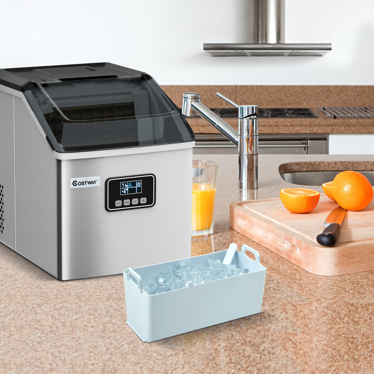 Costway Macchina del ghiaccio in acciaio inox con display LCD timer, Macchina ghiaccio automatica produzione 18KG/24H