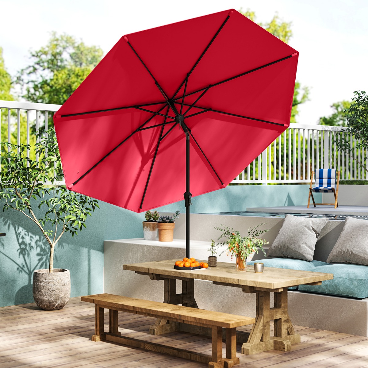 Costway Ombrellone da esterno con inclinazione a pulsante manovella per tavolo da patio, Ombrellone da giardino 270 cm Rosso Bordeaux