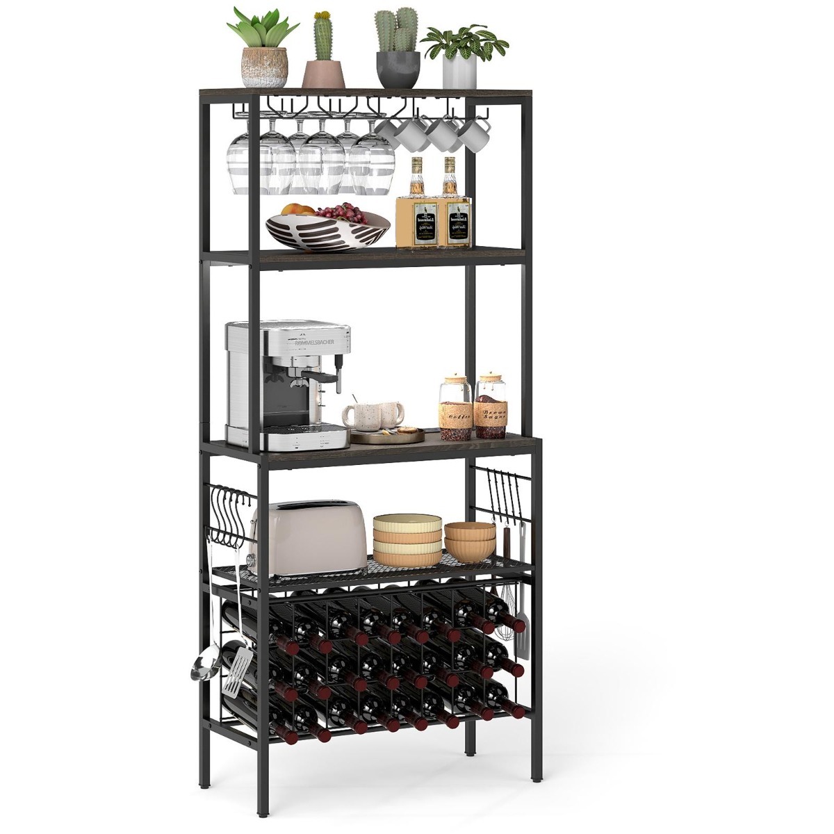 Costway Scaffale multi-livello con portabicchieri e porta tazze per microonde per cucina, Organizer per vini con presa di corrente Marrone