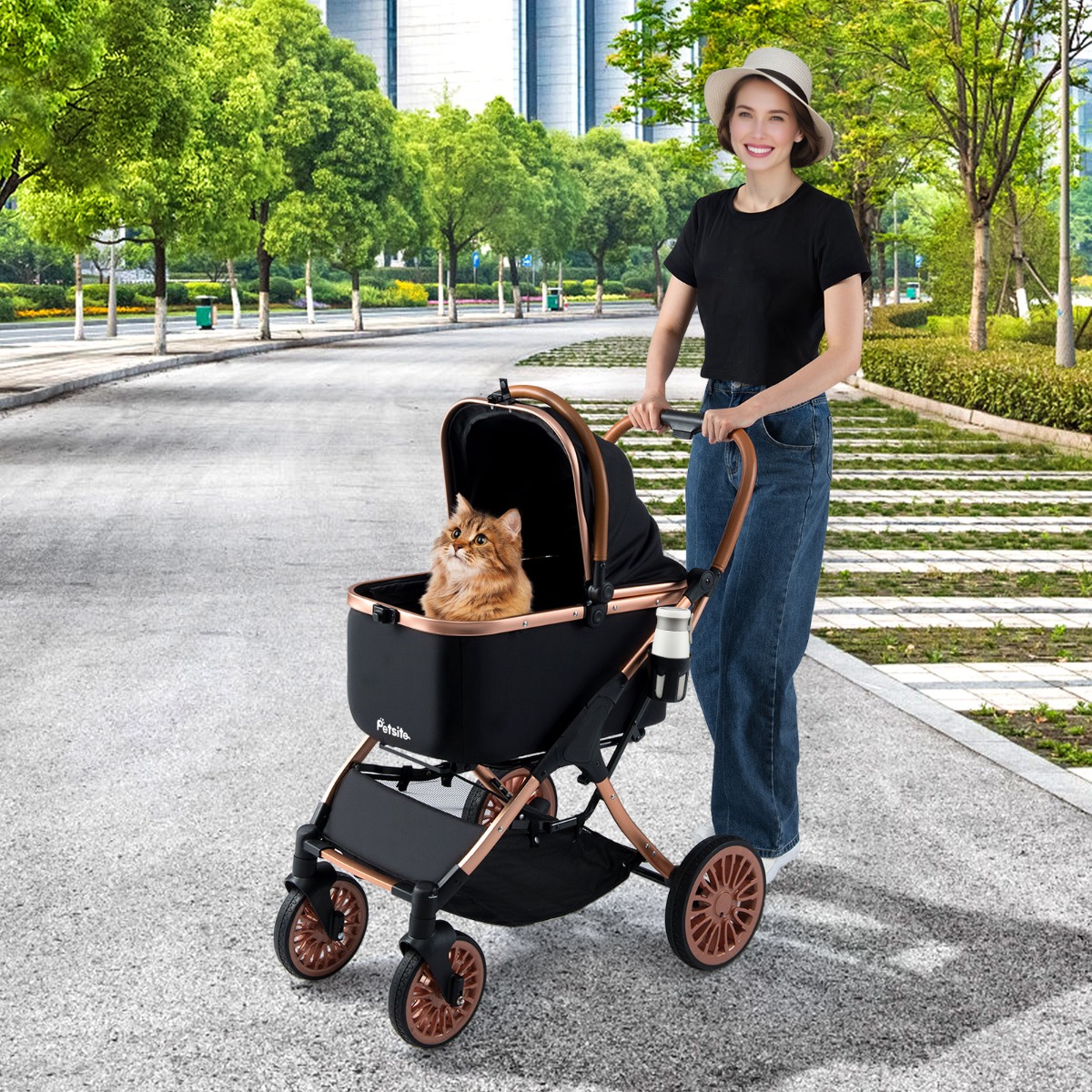 Costway Passeggino animali pieghevole 3 in 1 con portapacchi rimovibile, Passeggino animali tettuccio cuscino rimovibile Nero