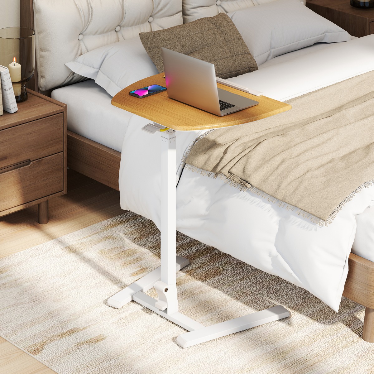 Costway Scrivania regolabile in altezza con ruote di lavoro portatile per casa e ufficio, Tavolino laterale pieghevole per laptop Naturale