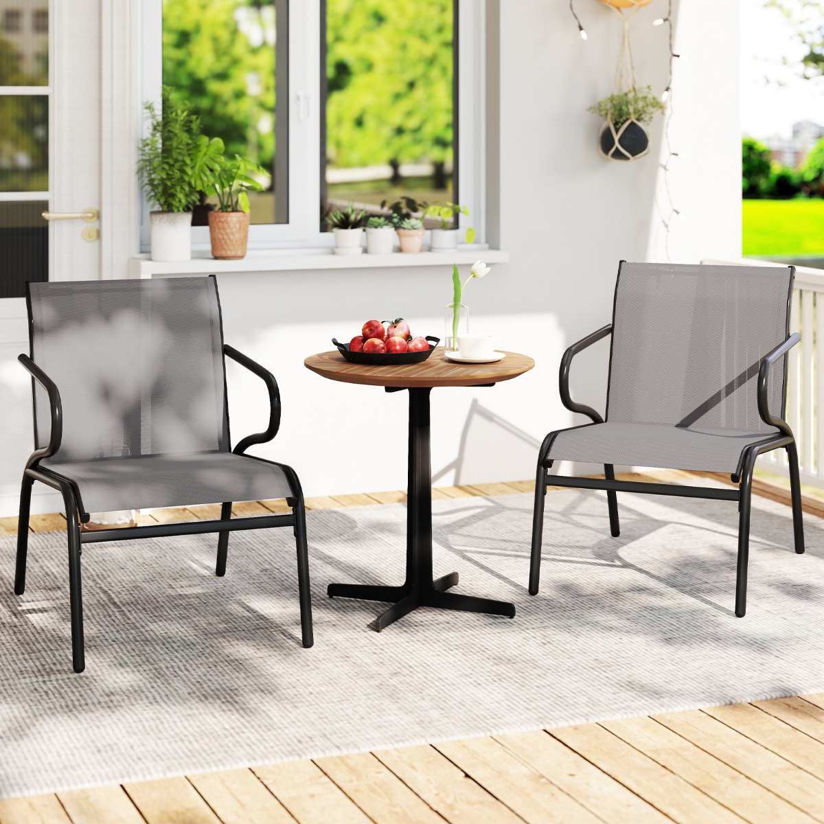 Costway Sedie da bistro moderne da esterno con braccioli per piscina in metallo, Set di sedie da patio 2 con tessuto traspirante e struttura Grigio