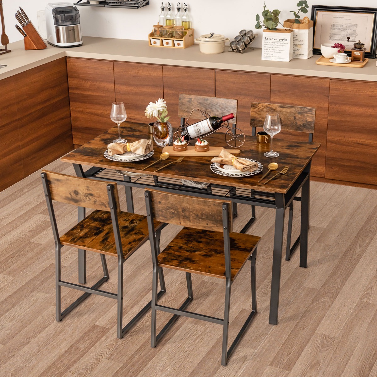 Costway Set da tavolo da pranzo 5 pezzi, Tavolo da cucina con 4 sedie mensola portaoggetti e telaio in metallo Marrone