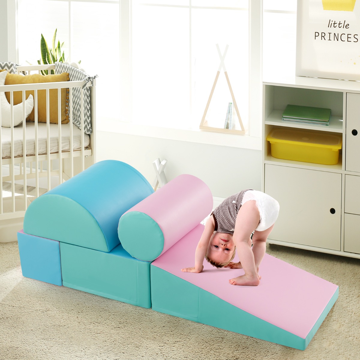 Costway Set di gioco da arrampicata per bambini da 5 pezzi, Strutture di gioco in schiuma impermeabili Verde e rosa