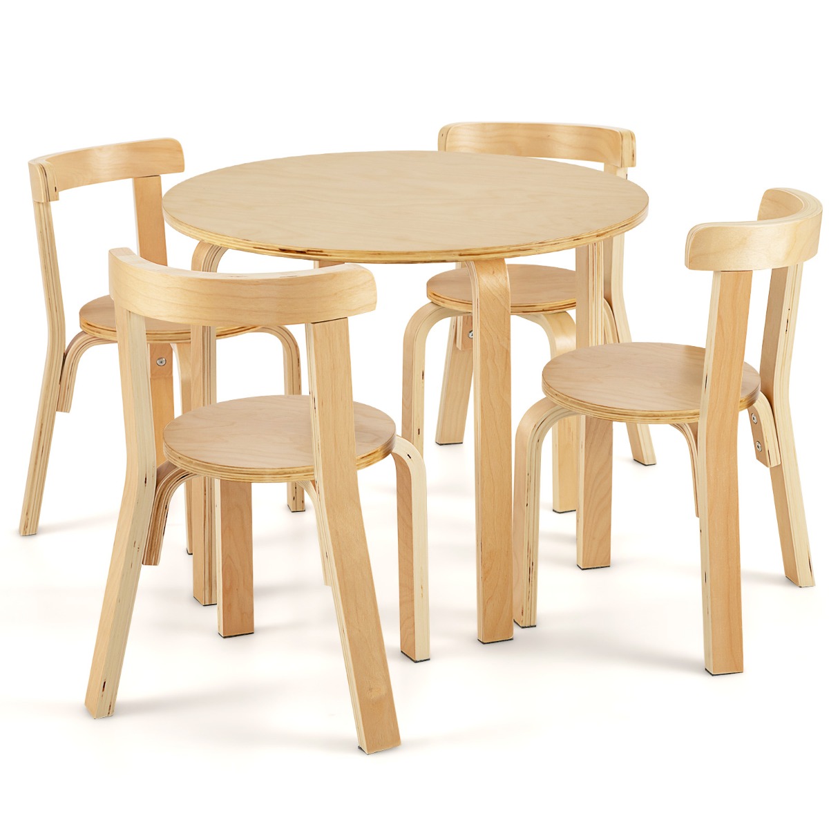 Costway Set tavolo e sedie per bambini da 5 pezzi con schienale curvo in legno, Tavolo attività con 4 sedie Naturale