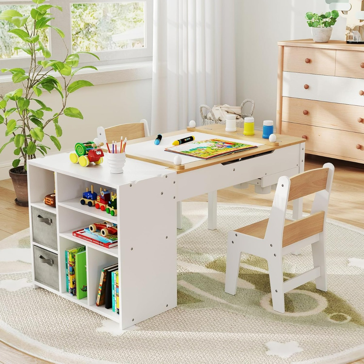 Costway Set tavolo e sedie per bambini con rotolo di carta e organizzatore portatile, Per attività e studio e gioco attivo Naturale