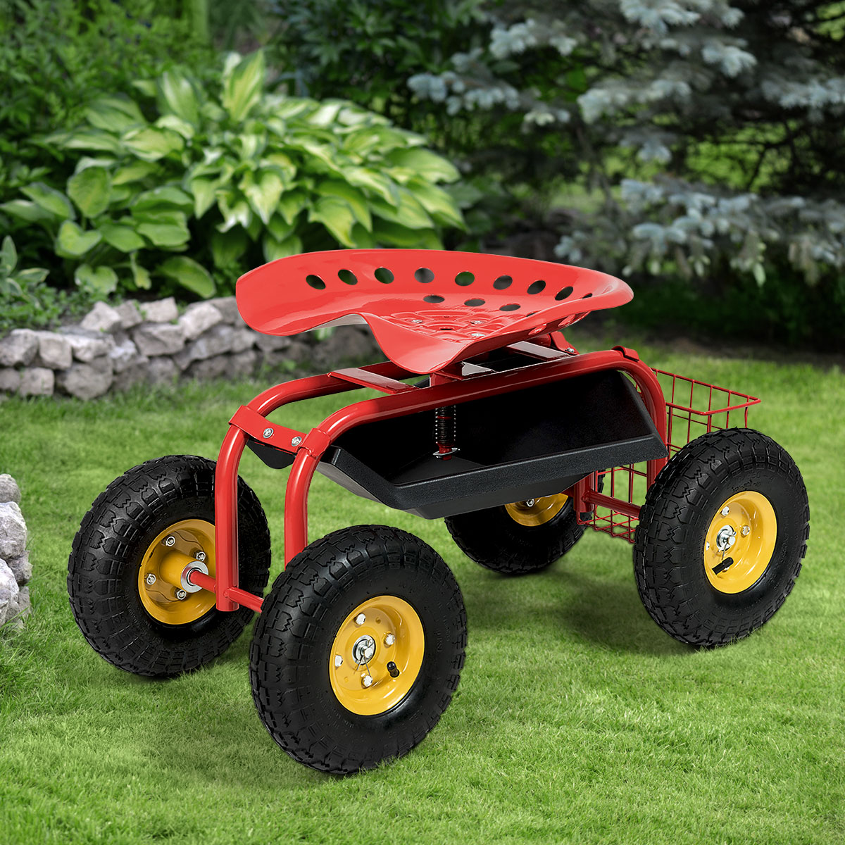 Costway Sgabello da giardino con ruote seduta regolabile in altezza e girevole a 360° cestello, Sedile per giardinaggio Rosso