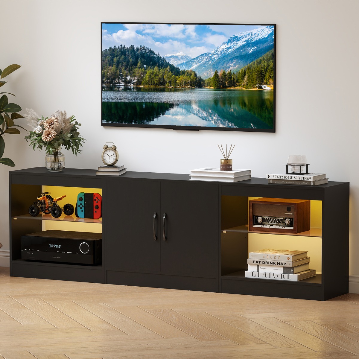 Costway Supporto tv modulare centro di intrattenimento 3 in 1 con luci led, Supporto per soggiorno e camera da letto Nero
