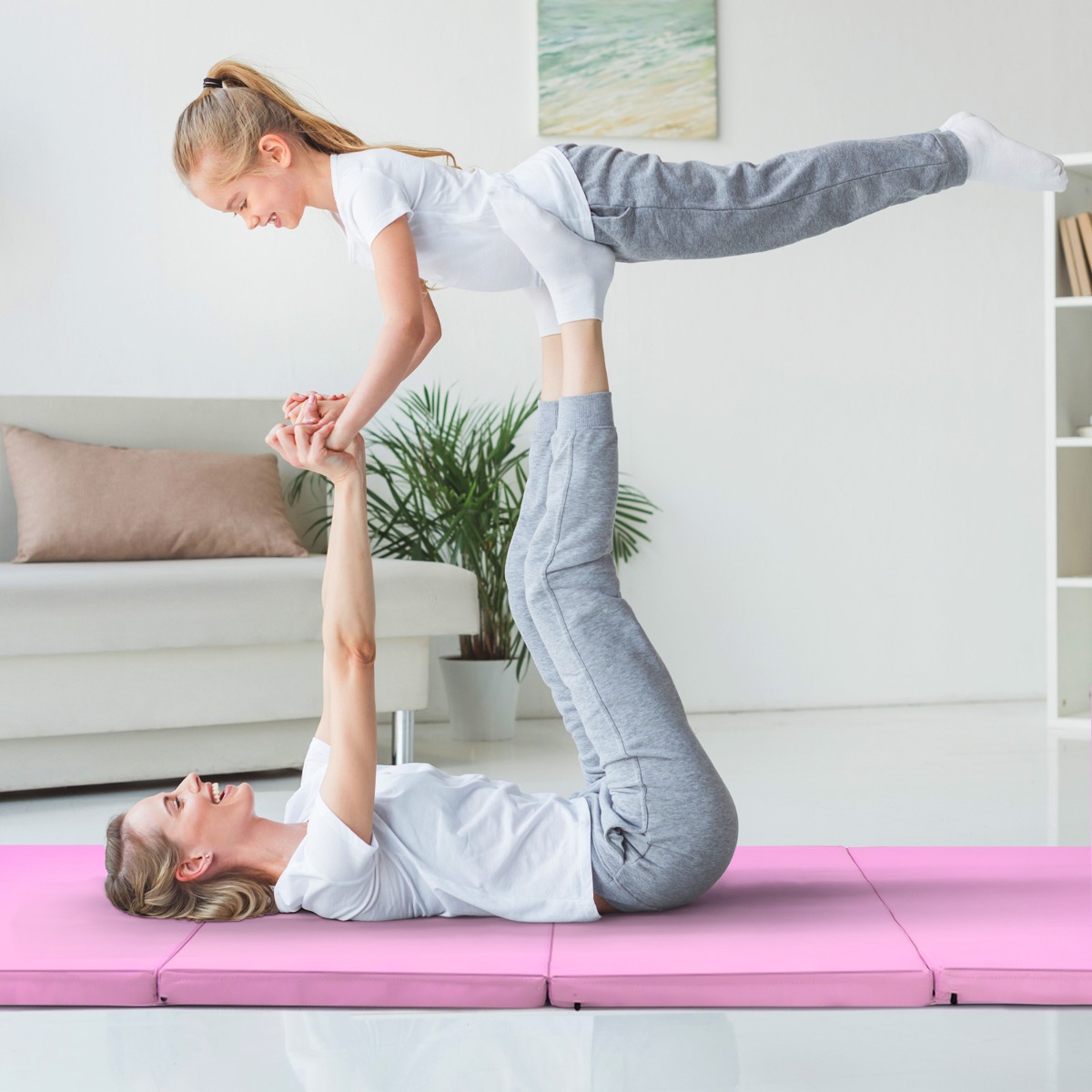 Costway Tappetino da ginnastica con 2 maniglie 4 pannelli, Materassino pieghevole per yoga fitness allenamento Rosa