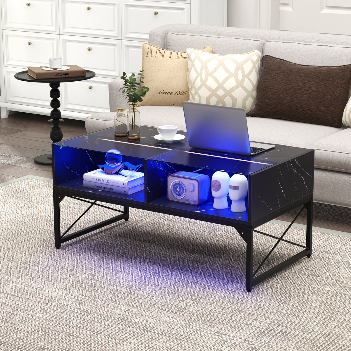 Costway Tavolino basso con luci LED regolabili e 4 cubi di stoccaggio, Tavolino da salotto moderno con elecomando Nero